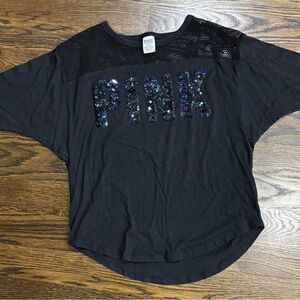 PINK Victoria's Secret Black Mesh Sequin Logo Dolman Sleeve Top Size M